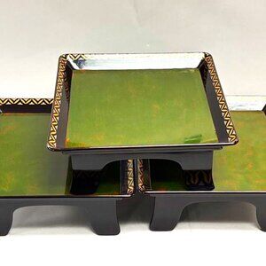 3 Vintage Japanese Ozen Trays – Lacquerware Footed Serving Trays – Green/Red